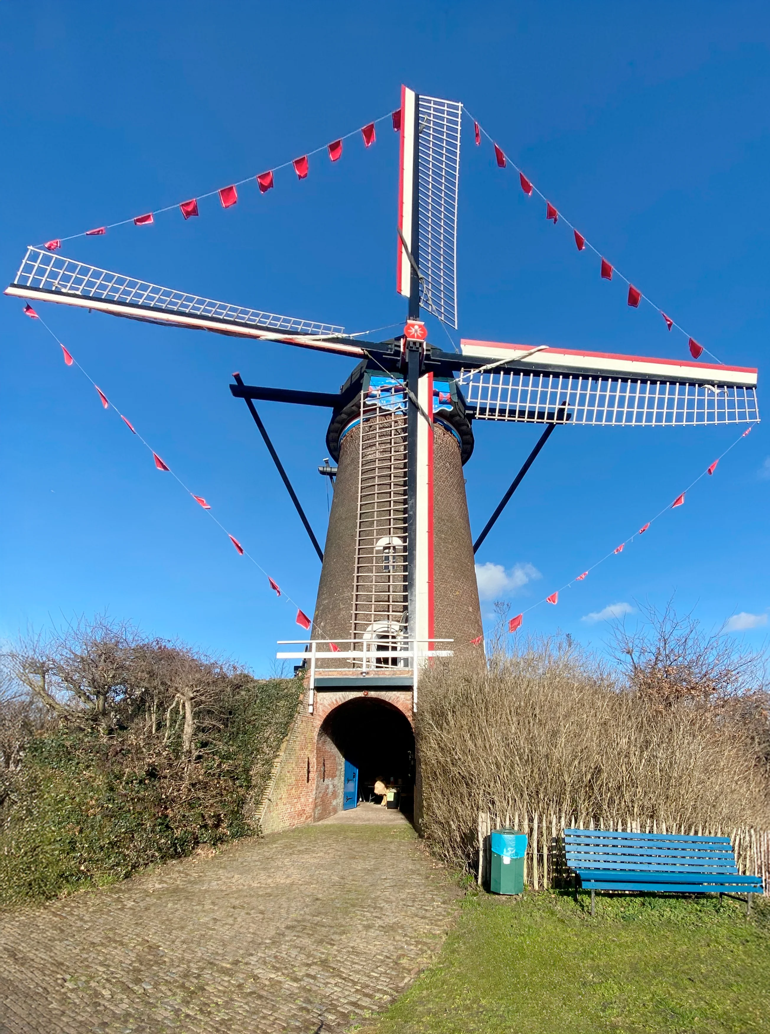 Jaap Schot (31-01-2026)&nbsp;Met vastenavond draait “De Twee Vrienden” met rode zakdoeken wat kenmerkend is voor Bergen op Zoom. | Database Nederlandse molens