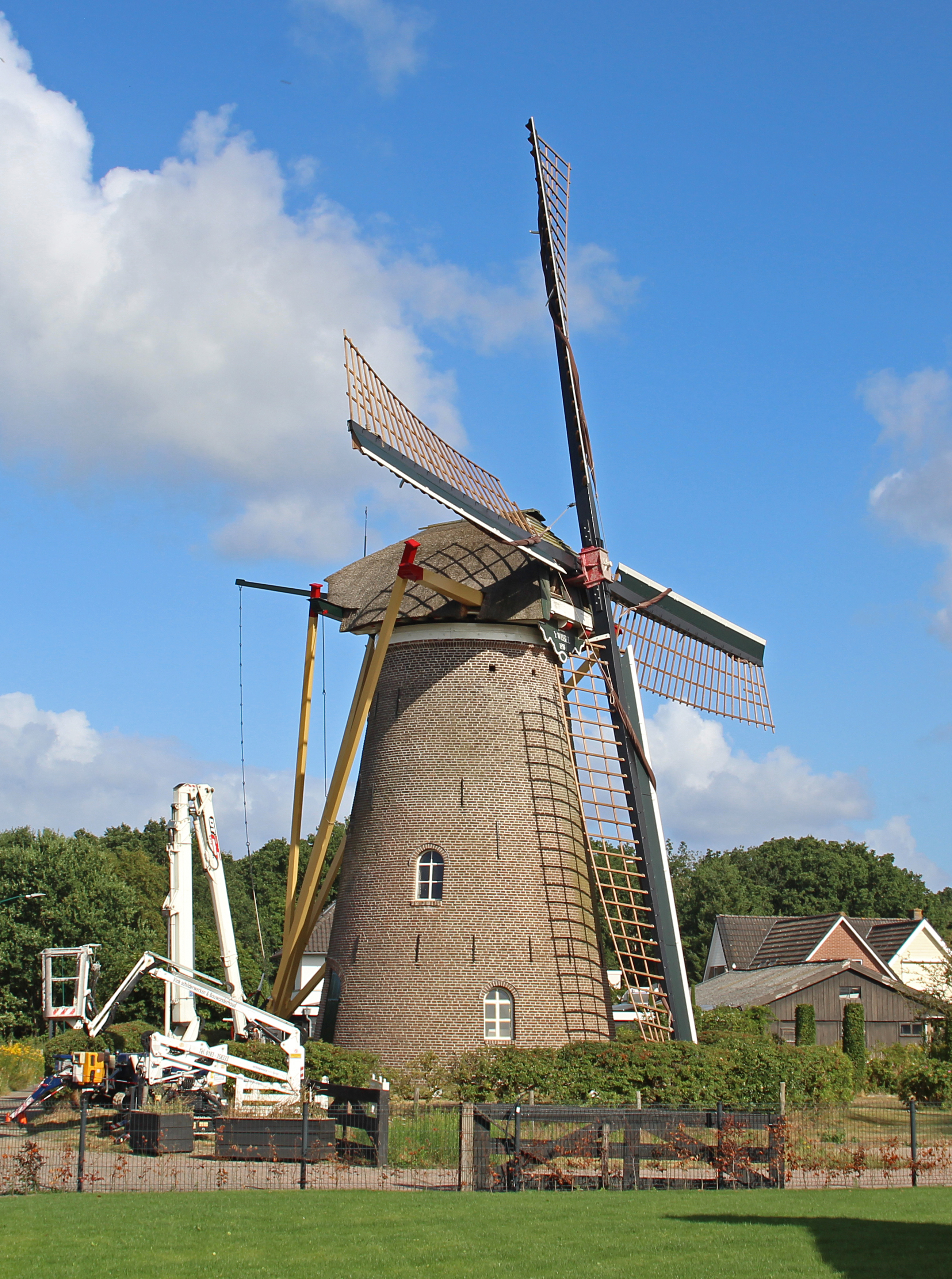 Denis Van Cronenburg (19-07-2026)De molen nu met nieuwe wieken. De hoogwerker van de molenmaker staat er nog. | Database Nederlandse molens