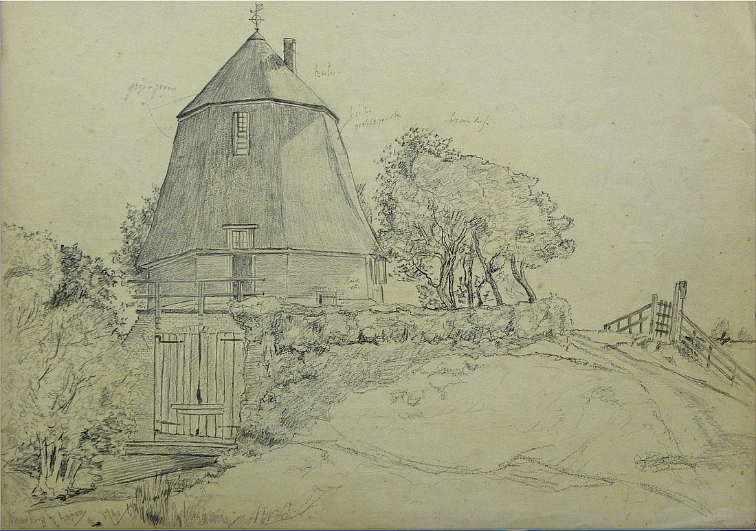 2, Molen 02765 ff Zuidplaspolder, Vijzelmolen B (Moordrecht), Afbeelding tekening van Jan van Straaten (1880-1967) | Database Nederlandse molens media-bestand
