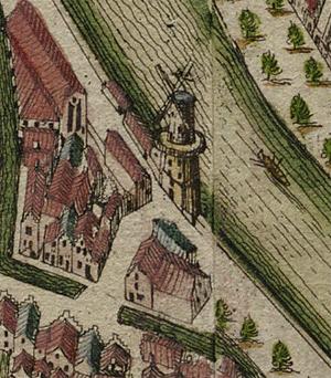 Molen 11451 Volmolen (bij Pompenburgh) (Rotterdam-Centrum), fragment van kaart van J. van Vou, 1694 | Database Nederlandse molens media-bestand