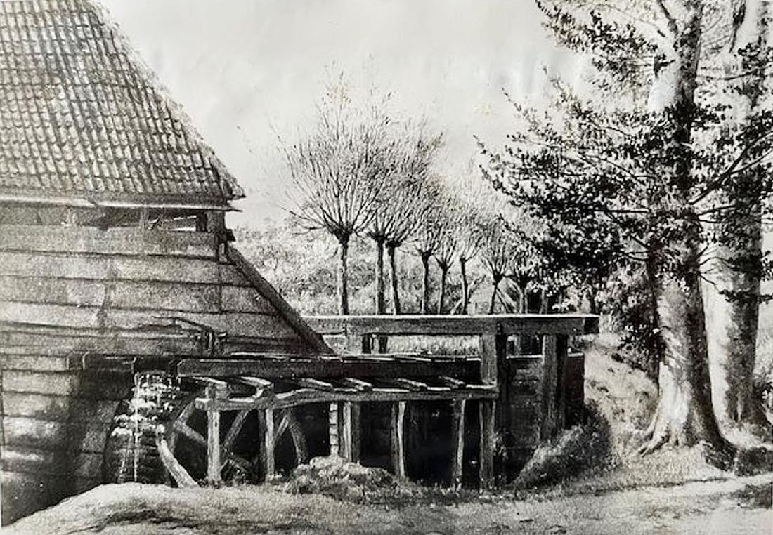 1, Molen 10266 Het Kraaijennest (Vaassen), Afbeelding van vóór 1869, de watermolen was nog geheel van hout, coll. Jan Verhoek | Database Nederlandse molens media-bestand