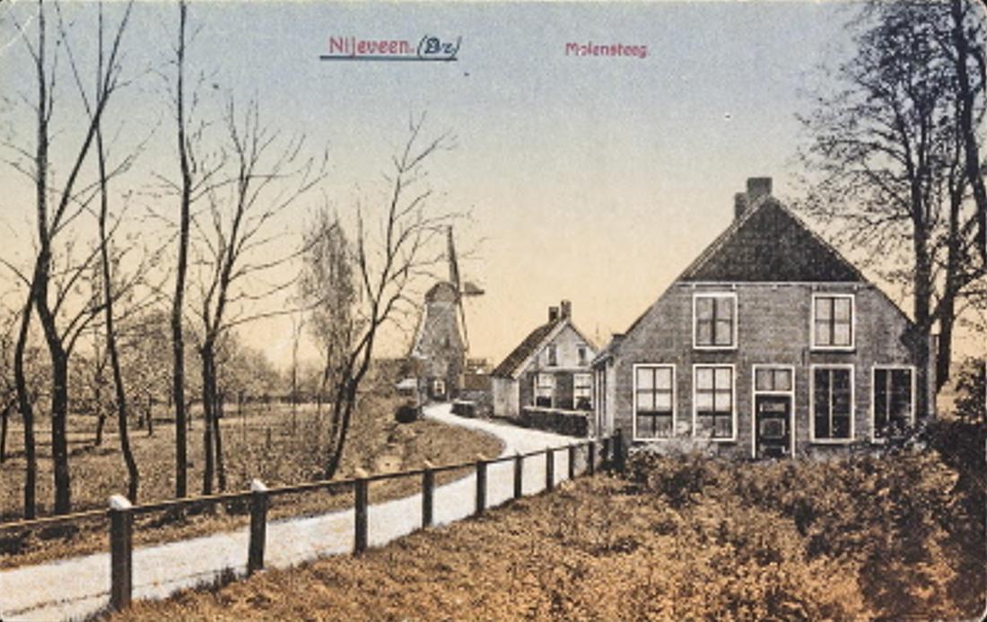 1, Molen 01466 Molen van A. Akkerman (Nijeveen), Ansichtkaart F. Wolfers, Meppel, ingekleurd, collectie DHM | Database Nederlandse molens media-bestand