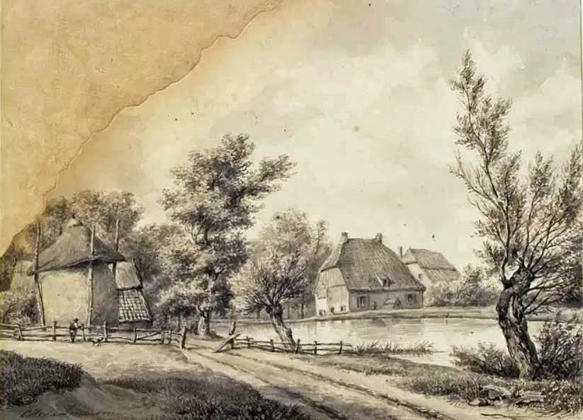 2, Molen 02480 c Den Hesch / De Hes (Oosterbeek), Gezicht op de Koren-watermolen de Hes aan de uitloop van het dal tussen de hoogten van de landgoederen Den Brink, Mariëndaal en Rosande. Getekend door Cornelis Hendrik van Ameron in 1824. © Geldersch Archief | Database Nederlandse molens media-bestand