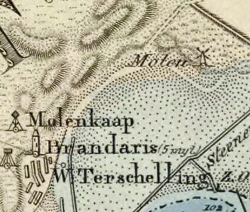 Molen 06505 k Molen op de Dellewal (West-Terschelling), Detail van een gegeorefereerde kaart uit 1853 | Database Nederlandse molens media-bestand