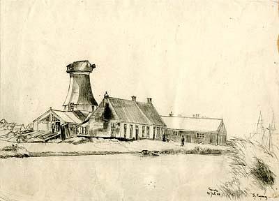 1, Molen 03010 d De Haan (Franeker/ Frjentsjer), Tekening van Sj. Kuperus, 1946, coll. 
museum Martena | Database Nederlandse molens media-bestand