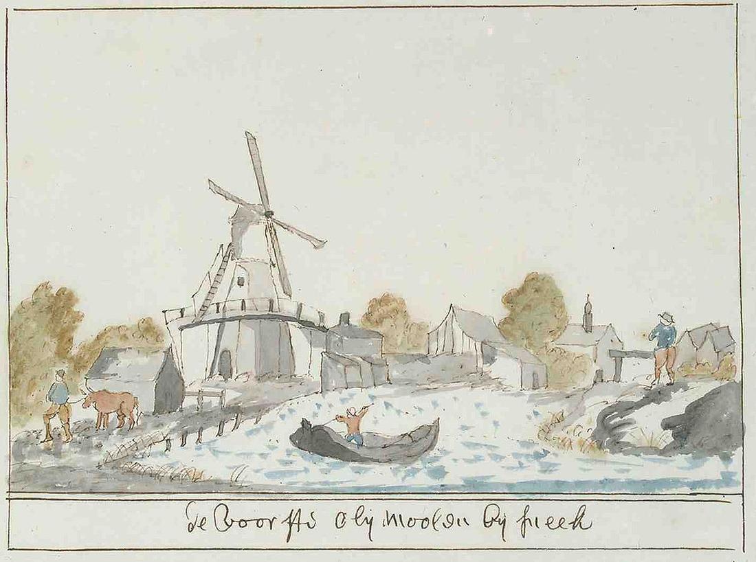Molen 07943 (oliemolen) (Sneek/ Snits), De voorste olijmoolen bij Sneek. Toelichting: Picture captioned "the first oil mill in Sneek". Image is in the public domain by reason of age, | Database Nederlandse molens media-bestand