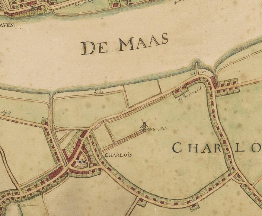 Molen 06469 q Polder Katendrecht / Katendrechtse polder (Rotterdam, stadsdeel Charlois), detail kaart van Rotterdam en omlegende Landeryen 1784, van Abraham Dubreuil, collectie Stadsarchief Rotterdam | Database Nederlandse molens media-bestand