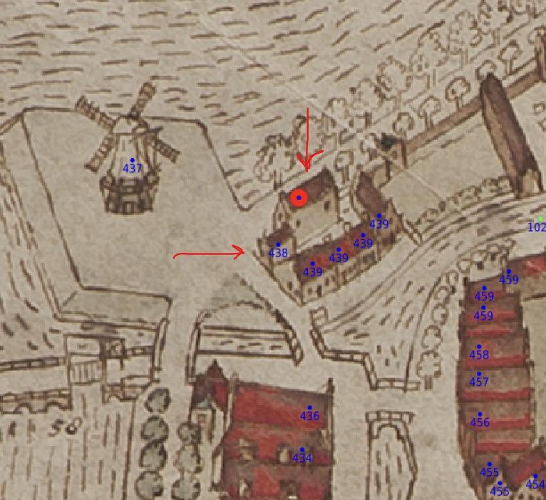 1, Molen 07800 Hanspoortermolen (2e) (Dokkum), detail van kaart van J. Smedema 1744 | Database Nederlandse molens media-bestand