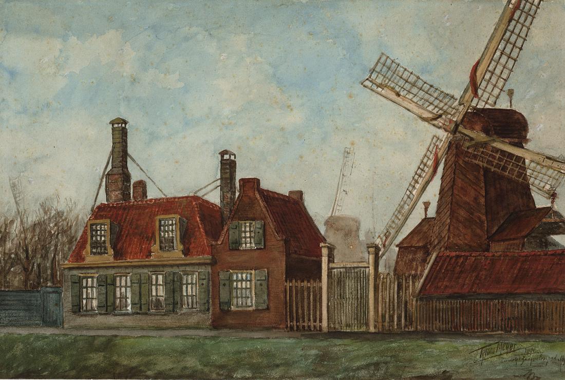 Molen 06494 b De Klopper (Amsterdam), Schilderij van Tymon Meijer (1850-1912),
datering 1891, coll. Stadsarchief Amsterdam
Rechts molen De Nachtegaal met op de achtergrond De Klopper | Database Nederlandse molens media-bestand