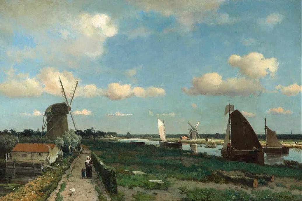 1, Molen 06498 x Veenpolder, Oude Veenmolen (2e)/ Boontjesmolen (Den Haag), Jan Hendrik Weissenbruch (1824-1903), The Trekvliet (1870). Kunstmuseum Den Haag.
Links de nog bestaande Laakmolen, rechts de Veenmolen | Database Nederlandse molens media-bestand