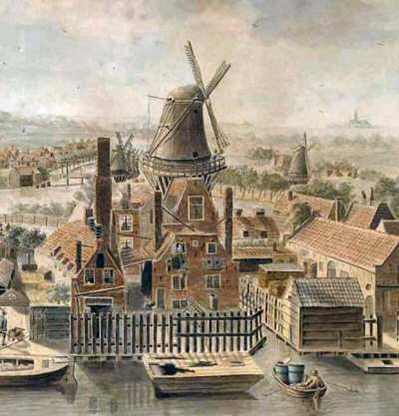 1, Molen 06493 j 't Rottenest / De Rijzende Zon (Amsterdam), Detail van schilderij H. Scholten, 1811-1812. De roeiboot vaart de molensloot in of uit | Database Nederlandse molens media-bestand
