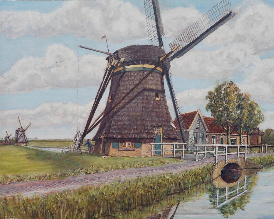 Molen 01159 j Noordpolder, middelmolen (Berkel en Rodenrijs), De foto is gemaakt door Erik van Dort, van een schilderij van de lokale kunstschilder Wim Bes. Deze artist impression, bij gebrek aan foto's is gebaseerd op de kadaster informatie over de ligging in 1830.
NB, Het gaat hier om de 2e molen van links | Database Nederlandse molens media-bestand
