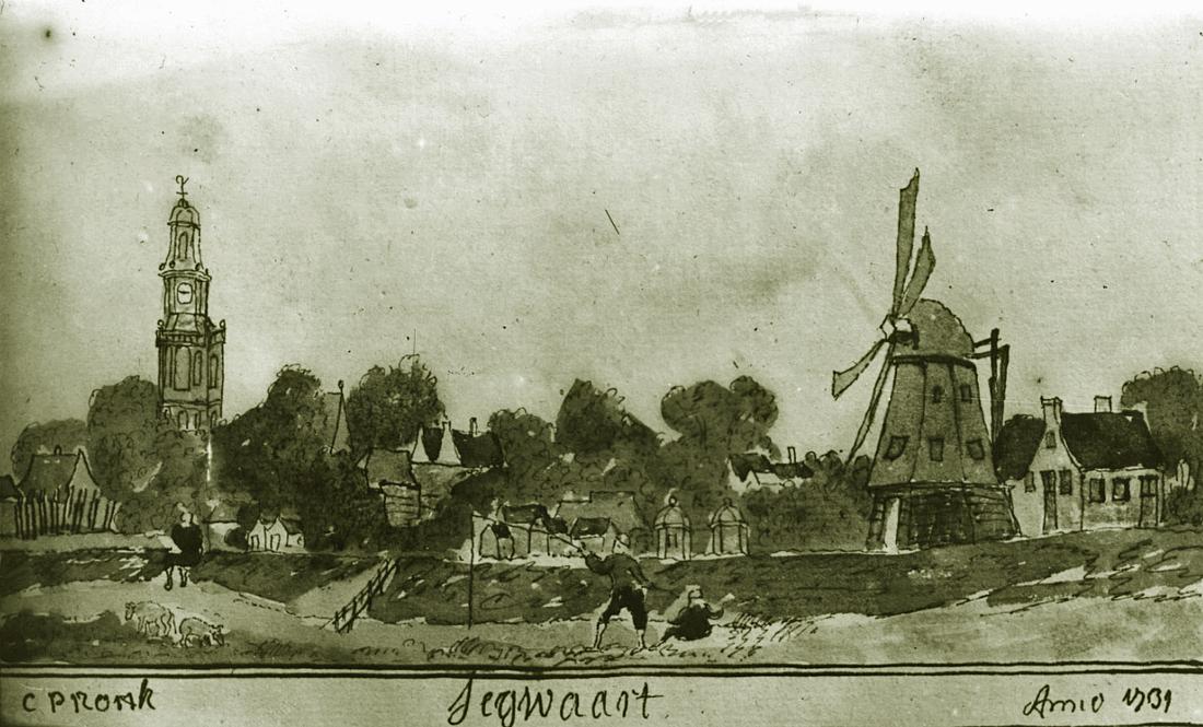 Molen 06497 i De Hoop (1e) (Zoetermeer), Tekening met zicht op de Oude Kerk en de korenmolen door C. Pronk, 1731.
Collectie Koninklijke Bibliotheek
Ingezonden door Kees Couprie, 22-10-2024 | Database Nederlandse molens media-bestand