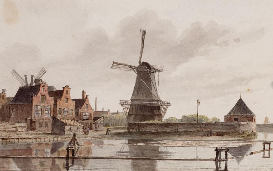 1, Molen 06490 a De Bok (Amsterdam), Tekening van Klinkhamer, Hendrik Abraham (1810-1872)Collectie Stadsarchief Amsterdam: tekeningen en prentenDatering 9 mei 1846
 Gezicht op het Bokkinghangen vanuit het Westerdok. In het midden molen De Bok op bolwerk Het Blauwhoofd. Links achter de huizen Bokkinghangen 9-13 (v.l.n.r.) zijn de wieken zichtbaar van molen Het Klaverblad. Rechts op het bolwerk de paardenloop (rosmolen) van lijnbaan de Groote Zeevaart. Geheel rechts een stukje van de Westerdoksdijk, die twaalf jaar eerder was aangelegd. Techniek: potlood, pen in bruin, penseel in kleur; kader pen in grijs. | Database Nederlandse molens media-bestand