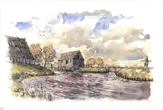 Molen 08101 Watermolen bij de Olthof (Deventer), Aquarel van Peter Paul Hattinga Verschure | Database Nederlandse molens media-bestand