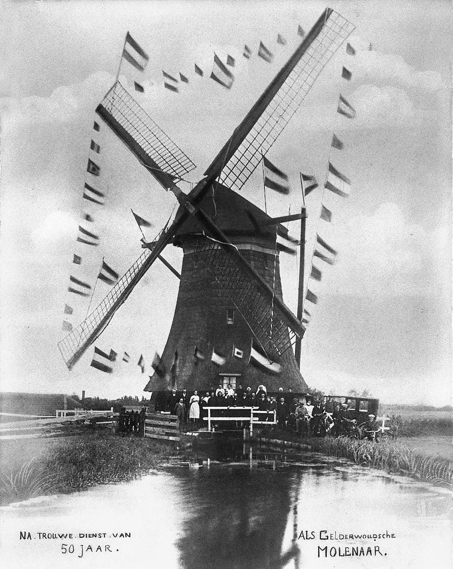 Molen 00959 Drooggemaakte Gelderswoudsche Polder, Gelderswoudsche Molen / bovenmolen (Gelderswoude), Er werd gevierd dat Jan Verheul (zie genealogie Oud Zoeterwoude gen 9332) 50 jaar molenaar was. De datum waarop de foto is gemaakt is niet bekend, Jan Verheul overleed in 1941. Foto collectie Bernard van den Bosch (geboren op deze molen).
| Database Nederlandse molens media-bestand