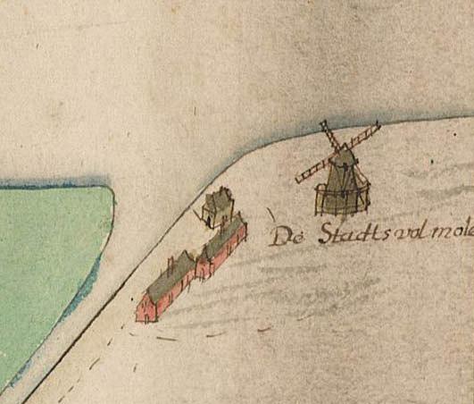 Molen 07123 Oranjestein (Leiden), de afbeelding is een deel van een kaart, gemaakt in 1658, het noorden is onder, collectie Erfgoed Leiden en omstreken | Database Nederlandse molens media-bestand