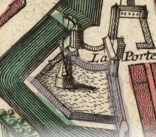 Molen kadekraan  Witte Poort (Marrum), detail van Plan della Ville Academique et marchande de Leyden1750|Seutter, Matthäus
boven de kadekraan, ten zuiden stond de molen De Lelie | Database Nederlandse molens media-bestand