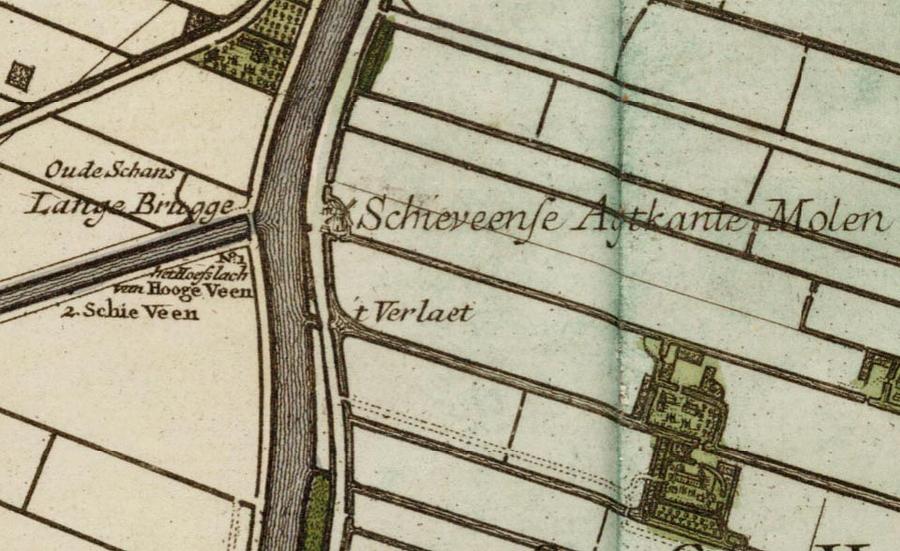 Molen 15302 Polder Schieveen, Bovenmolen / Schieveense- of Achtkante Molen (1e) (Rotterdam, stadsdeel Overschie), deel van de Krukiuskaart 1712, zie:
TU Delft, De Kruikius (“Cruquius”) kaart is een kaart van het hoogheemraadschap van Delfland. | Database Nederlandse molens media-bestand