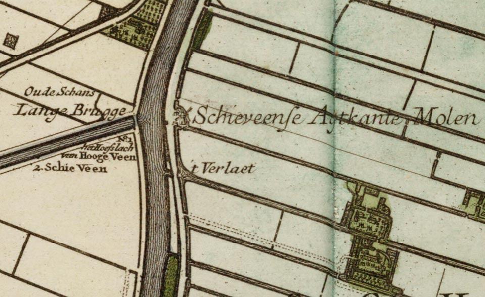 Molen 15302 Polder Schieveen, Bovenmolen / Schieveense- of Achtkante Molen (1e) (Rotterdam, stadsdeel Overschie), deel van de Krukiuskaart 1712, zie:
TU Delft, De Kruikius (“Cruquius”) kaart is een kaart van het hoogheemraadschap van Delfland.  | Database Nederlandse molens media-bestand