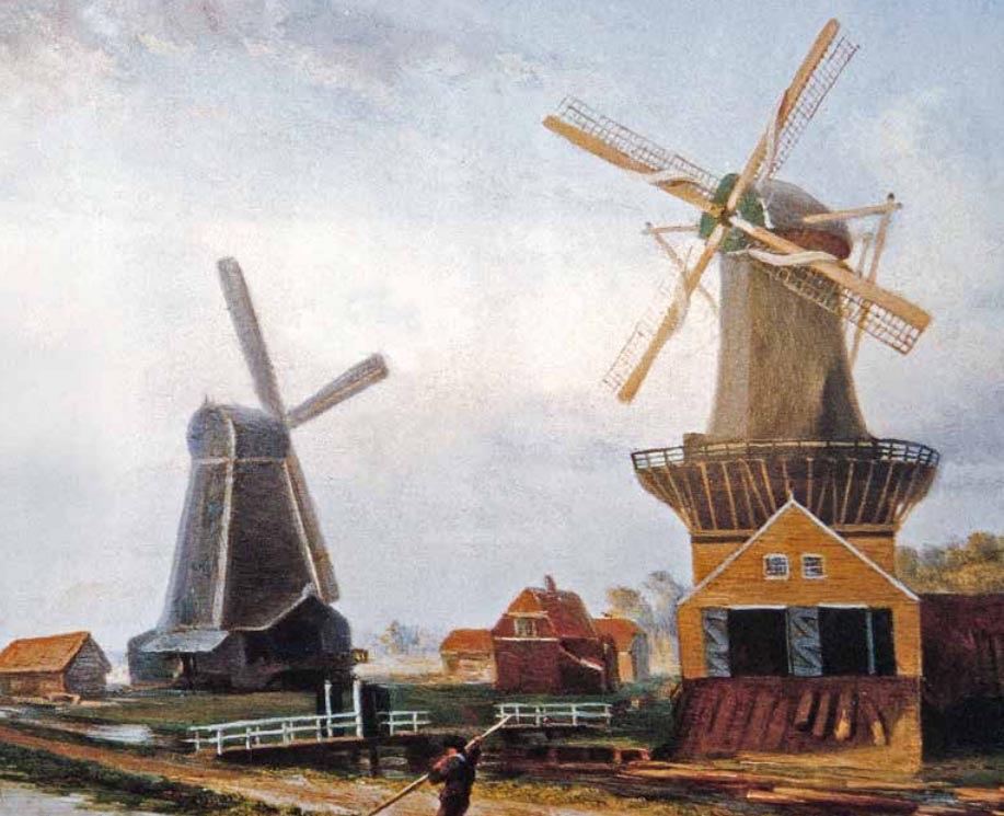 2, Molen 03504 e De Eendracht (Den Hoorn), De paltrokzaagmolen De Hoop en debovenkruier De Eendragt, geschilderddoor A. Wittkamp in 1870 | Database Nederlandse molens media-bestand