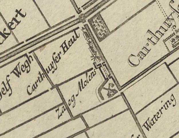 Molen De Gekroonde Zalm (Den Hoorn), Boven de zaagmolen de Fortuyn, onder de Paltrok de Gekroonde Zalm:
deel van kaart van 't Hoogheemraedschap van Delfland, 1712, zie website oldmapsonline | Database Nederlandse molens media-bestand