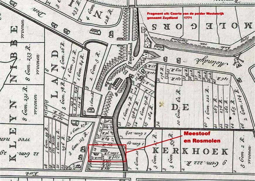 Molen 17838 Meestoof van Zuidland (Zuidland), De meestoof getekend op de "caarte van de polder Westenrijk genaamt Zuydland" van 1771 polderkaart, stond op de Kerkhoek perceelnr 13 en 14 en reikte van de Oude Wetering tot aan de (oude) Steenenweg,. De Meestoof is in 1801 verdwenen. Bron: streekarchief Voorne Putten; Rijksmuseum; | Database Nederlandse molens media-bestand