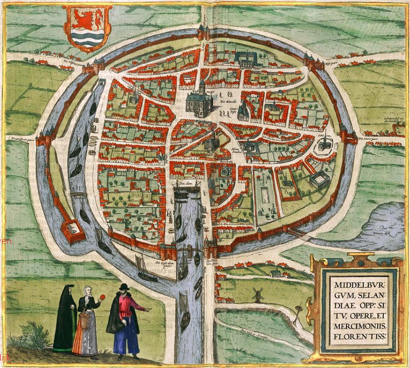 1, Molen 16594 (kadekraan) (Middelburg), Middelburg 1572 Braun en HogenbergUitgegeven door Braun en Hogenberg in 1572 Middelburg | Database Nederlandse molens media-bestand