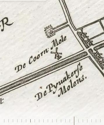 Molen 16609 Coornmolen (Delfgauw), Het Hooge Heemraedt schap van Schielandt ...1684|gemeten ende ... in caert gebracht door Jan Stampioen inde jaer 1651, 152 ende 16531:17 000 | Database Nederlandse molens