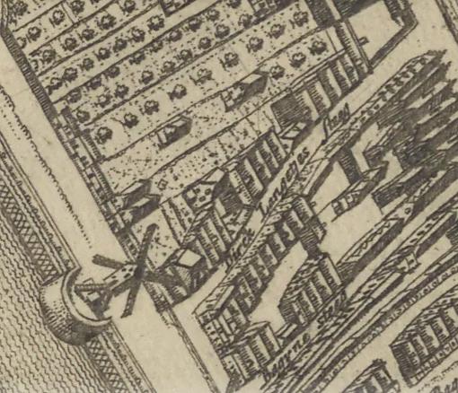 Molen 06904 i Gasthuijsmolen / Bordeelmolen / Het Bordeeltje (Delft), Delfi Batavorum vernacule Delft.1698|Amsteloda[mi] : F. de Wit excudit1:3 920 | Database Nederlandse molens