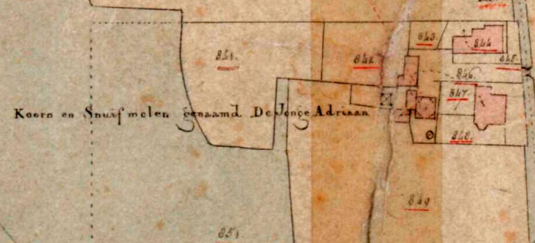 Molen 11567 De Jonge Adriaan (Rotterdam, stadsdeel Hillegersberg-Schiebroek), Kadastrale kaart 1811-1832: minuutplan Hillegersberg,
Zuid-Holland, sectie A, blad 02 nr 846 (MIN08071A02) | Database Nederlandse molens
