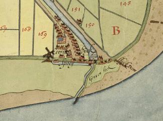 2, Molen 17358 (standerdmolen) (Goudswaard), detail van 2168 Kaart van den polder van Koorndijk met de daaraan gelegene gorzen.
collectie Nationaal Archief | Database Nederlandse molens