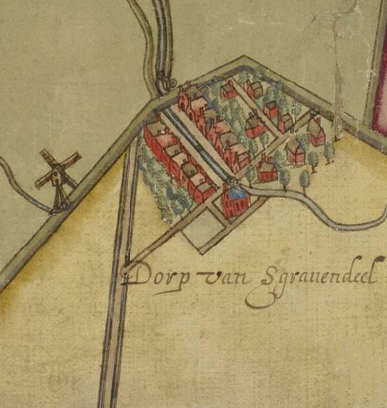 Molen 06903 d Het Vliegend Hert  1e voorganger ('s-Gravendeel), Detail van een kaart rond 1617:&nbsp; Inventaris van de verzameling binnenlandse kaarten Hingman, ca. 1500-1813 | Database Nederlandse molens