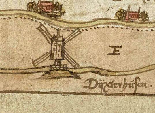 1, Molen 07983 Beetgumermolen (Beetgumermolen/ Bitgummole), Op deze zelfde plek stond op een kaart uit 1505 ook een standerdmolen
detail van Kaart van de Biltlanden bedijkt in 1505, met de dijkbreuken, collectie Nationaal Archief
&nbsp;collectie Nationaal Archief | Database Nederlandse molens