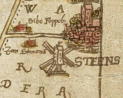 2, Molen 07959 Korenmolen van Stiens (Stiens), detail van Kaart van de Biltlanden bedijkt in 1505, met de dijkbreuken, 1570
collectie Nationaal Archief | Database Nederlandse molens