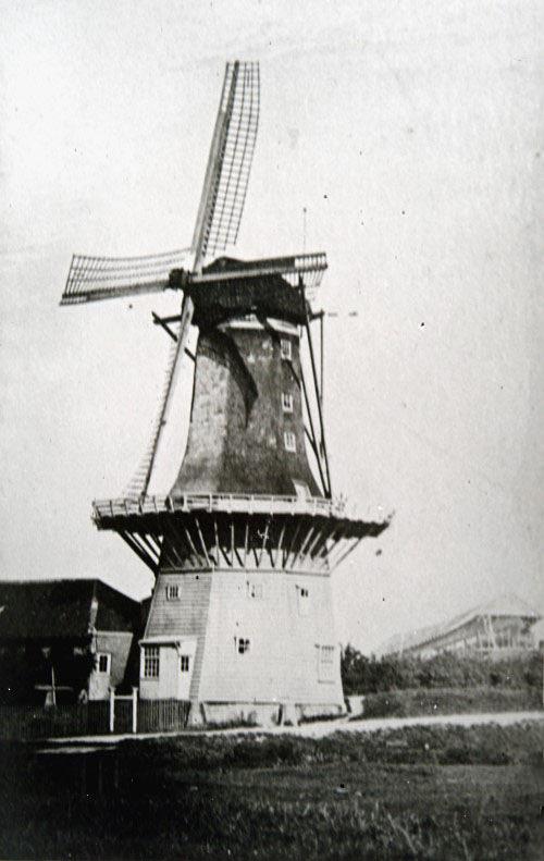 Molen 06675 x De Hoop / de runmolen buiten de Sluispoort (Dordrecht), De Hoop vanuit het zuiden in 1865, beeldbank RAD 555_14205 , op de achtergrond scheepswerf Gips | Database Nederlandse molens