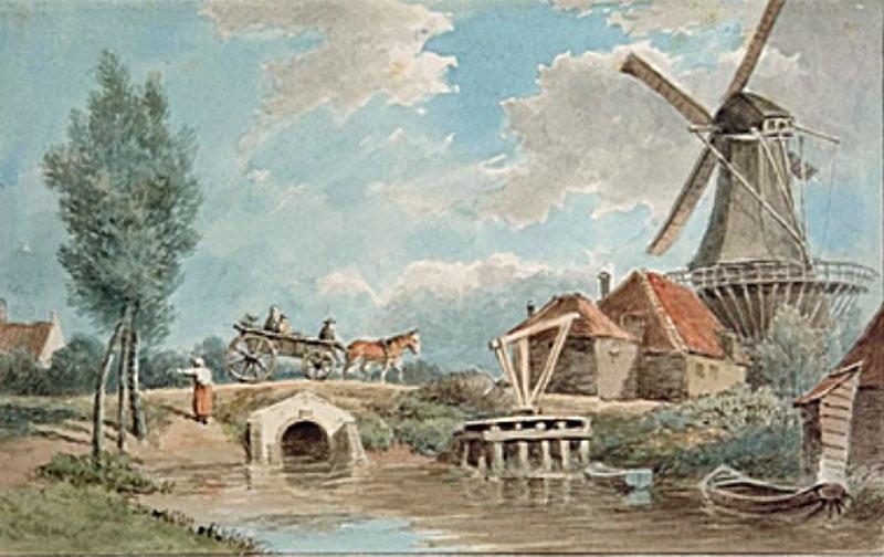 1, Molen 03941 o De Oude Ruiter / Molen de Ruts (Dordrecht), Frans Lebret, ca. 1845-1855, beeldbank RAD 551_35339, op de voorgrond een kadekraan | Database Nederlandse molens