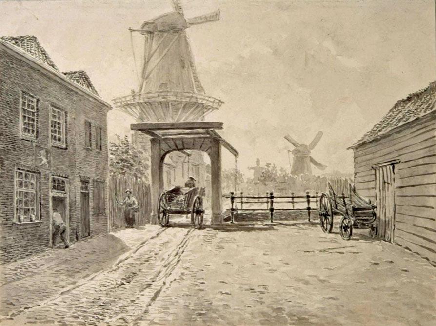 Molen 03940 n Molen van Braets / De Poortklok / De Karper (Dordrecht), Tekeningvan F. Lebret, omstreeks 1830,&nbsp; collectie Beeldbank RAD 551_35323 | Database Nederlandse molens