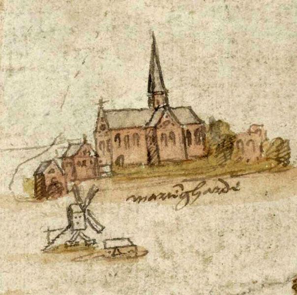 Molen 03208 c Mariëngaarder Molen (2e) (Hijum), detail van kaart 1545, collectie Nationaal Archief,&nbsp;Kaart van de Biltlanden met de eilanden Terschelling en Ameland. | Database Nederlandse molens
