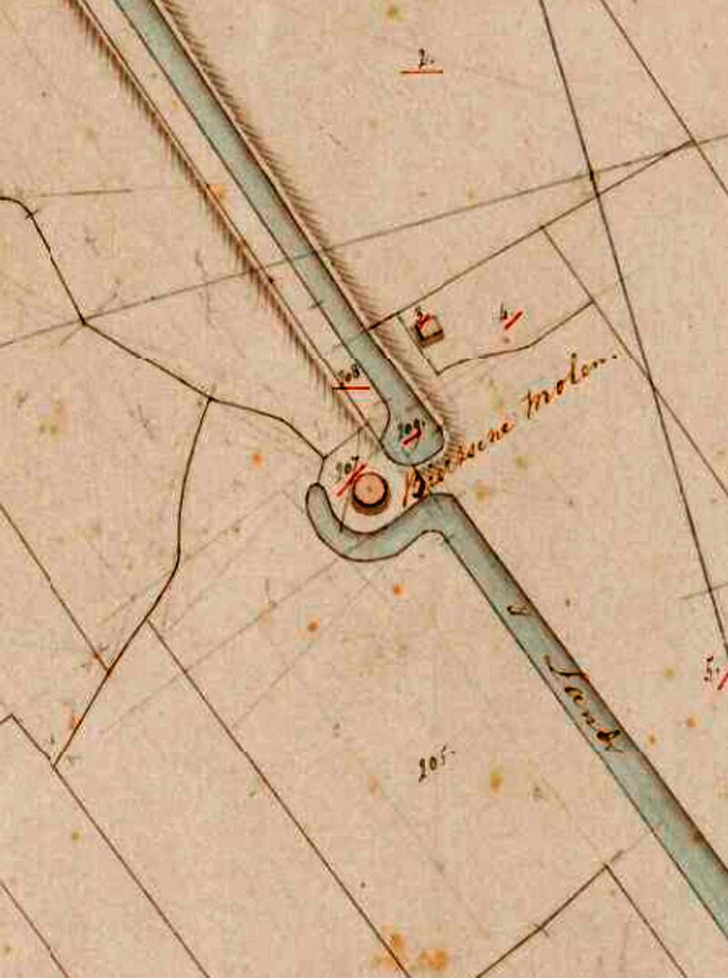 Molen 01912 b Biertsche Polder, Biertsche watermolen (Biert), Detail van de Kadastrale kaart 1811-1832: minuutplan Biert, Zuid-Holland, sectie A, blad 01 (MIN08021A01) | Database Nederlandse molens