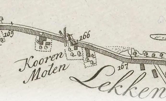 2, Molen 08156 voorganger (Korenmolen de Regt) (Nieuw-Lekkerland), detail van kaart: 1751, Kaart van de rivier de Lek met zyn uiterwaarden, noorder en zuider dyken van de Merwede beneden Krimpen, tot het Schoor van Hagestein boven Vianendoor Melchior Bolstra in den jaare 1751 | Database Nederlandse molens
