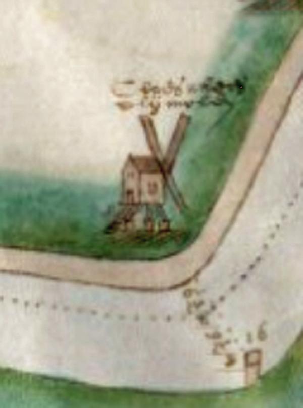 1, Molen 08414 De Tuchthuis (Haarlem), detail van kaart 1605 van P. Pieter Bruynsz,
collectie Beeldcollectie van de gemeente Haarlem | Database Nederlandse molens