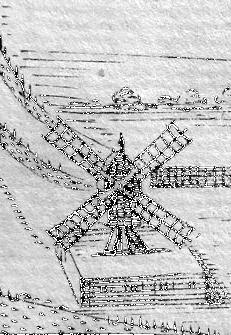 Molen 07745 Pampiermolen (Harlingen/ Harns), Detail aangezicht Harlingen, J. Lous ca. 1610 | Database Nederlandse molens