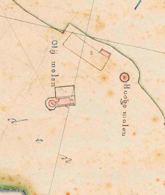 Molen 06680 k De Hooge Molen (Breda), Detail van de Kadastrale kaart 1811-1832: minuutplan Breda,
Noord-Brabant, sectie A, blad 01 (MIN10027A01)
Links de oliemolen De Oranje Boom, rechts de Hooge Molen | Database Nederlandse molens