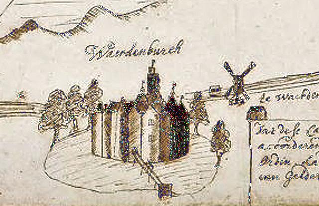 Molen 07206 Molen van Waardenburg (Waardenburg), uitsnede kaart Thomas Witteroos uit 1571, bron Gelders Archief | Database Nederlandse molens