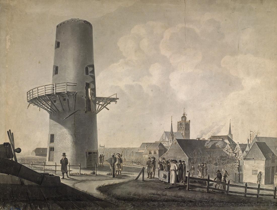 1, Molen 01908 a Het Vliegend Hert (Brielle), Inkttekening Noordermolen of Het Vliegen Hert na de brand van 1810, collectie Streekarchief Voorne-Putten | Database Nederlandse molens