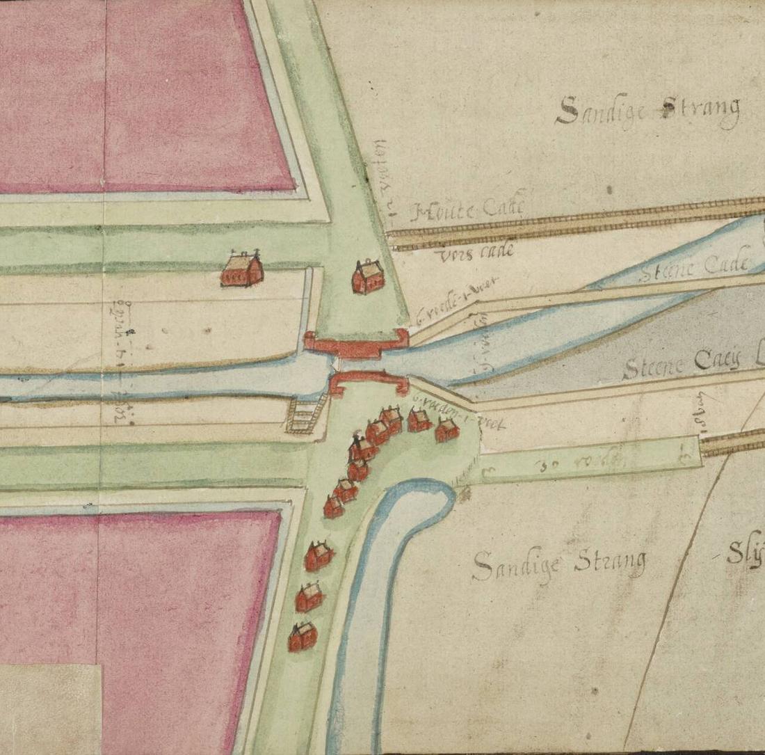 Molen Rosmolen van Hellevoetsluis (Hellevoetsluis), detail van kaart met sluis 17e eeuw Hellevoetsluis, collectie Nationaal archief | Database Nederlandse molens