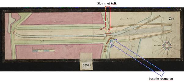 1, Molen Rosmolen van Hellevoetsluis (Hellevoetsluis), kaart met sluis 17e eeuw Hellevoetsluis, collectie Nationaal archief | Database Nederlandse molens