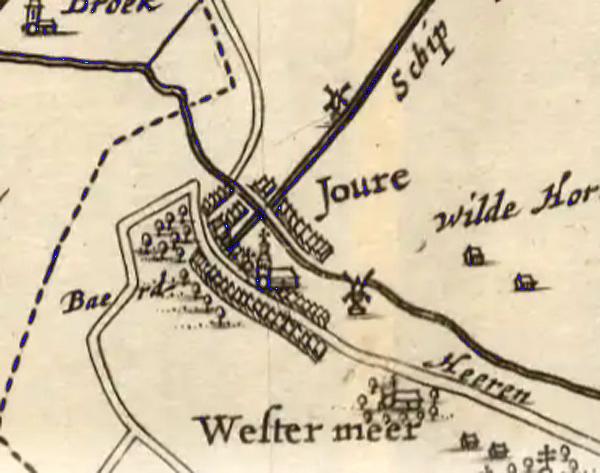 Molen 07917 De Oostersche / Oostermolen (Joure/ De Jouwer), detail van de kaart: De Grietenye van Hasscherlandt : waer over altans de e. heer Egbert van Baerdt grietman is, bysitters zyn Jorck Annesz., Hans Sibesz Rouckema, Pieter Jellesz. Hylckama secret.1664|designantibus S.A. Haacma et S.Gravio1:66 000 | Database Nederlandse molens