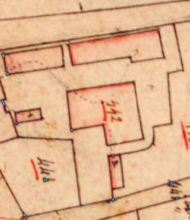 Molen Rosmolen voor de Inlandsche Tapijt Fabriek (Baarn), detail van het kadaster, de fabriek op B3 nr 442 | Database Nederlandse molens